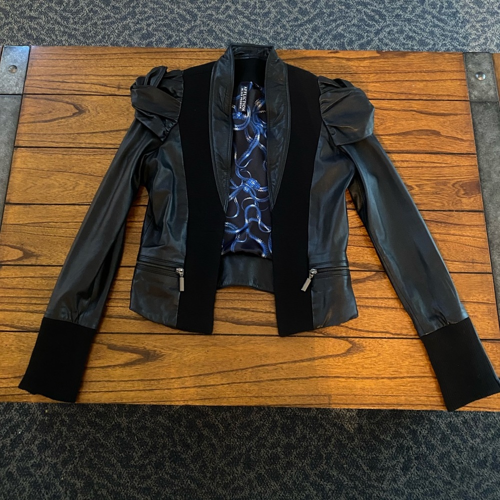 Black Womens Faux Leather Puff-Sleeve Jacket